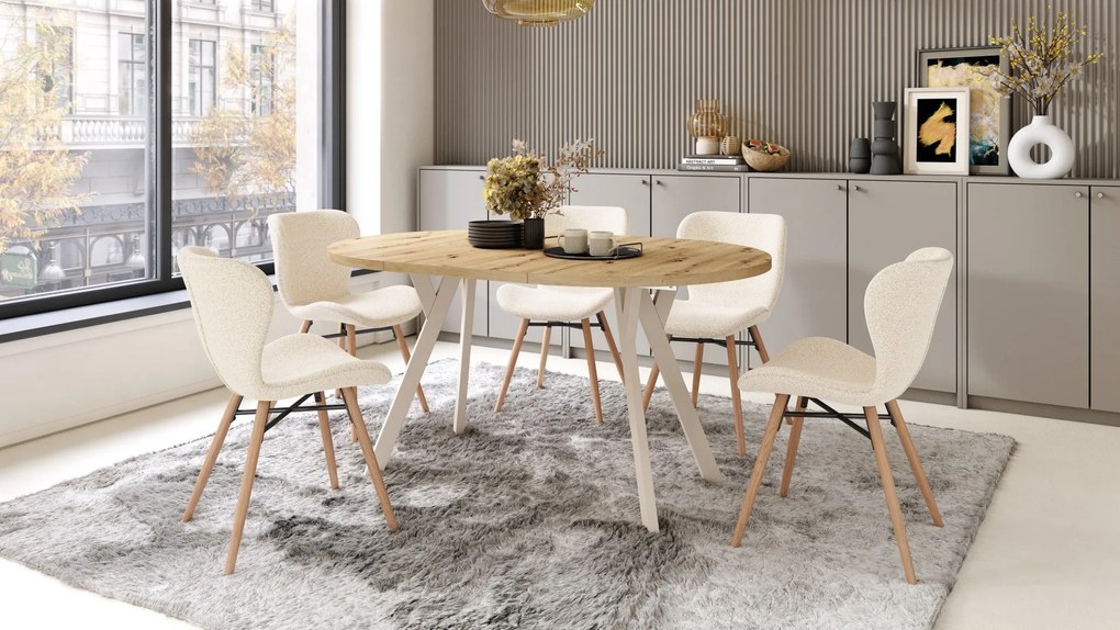 ALMO 100 Eiken Artisan/Beige poten - RONDE LOFT/INDUSTRIËLE TAFEL VOOR WOONKAMER/EETKAMER, UITSCHUIFBAAR