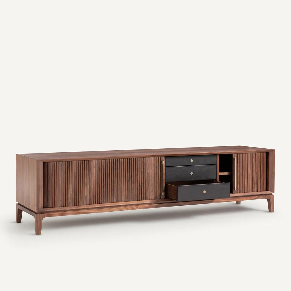 TV-HI-FI meubel in notelaar en leer, Liamca