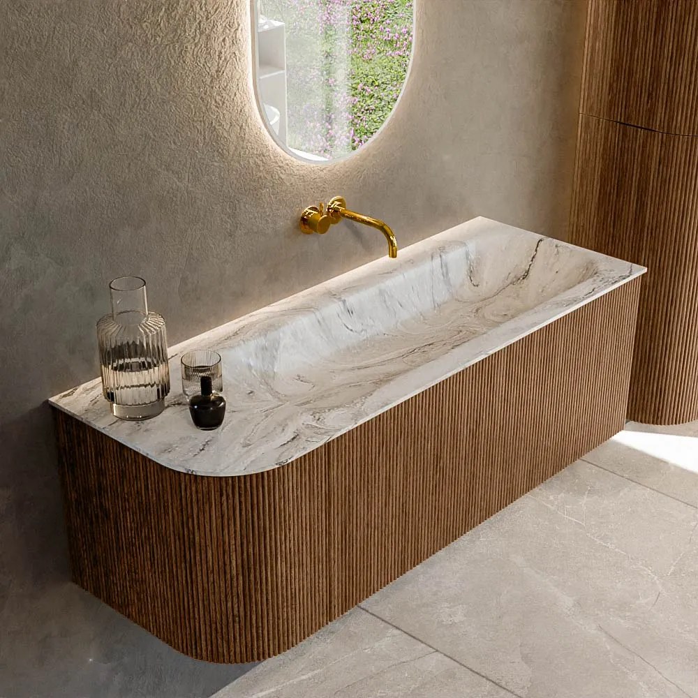 Mondiaz Kurve-dlux 125cm badmeubel ronding links walnut met 1 lade en deur en wastafel big medium rechts zonder kraangat glace