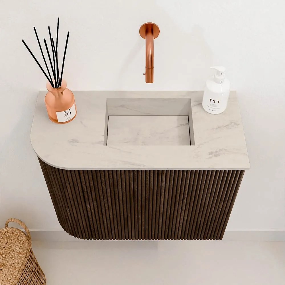 Mondiaz Joya DLux 50cm toiletmeubel ronding links walnut met wastafel faye rechts zonder kraangat opalo