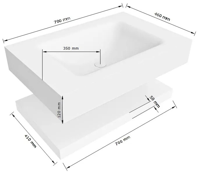 Zaro Alan badmeubel 70cm met planchet talc en vrijhangende wastafel cloud midden 1 kraangat talc