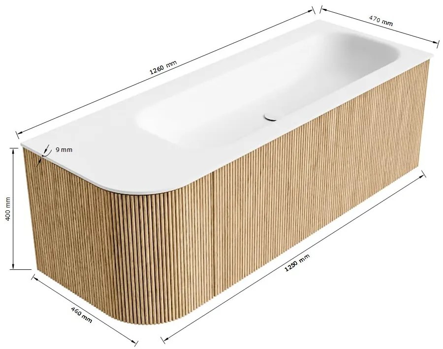 Mondiaz Kurve 125cm badmeubel ronding links oak met 1 lade en deur en wastafel big medium rechts zonder kraangat urban