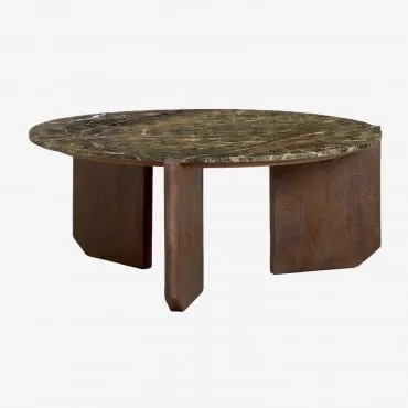 Ronde Salontafel Van Natuursteen En Mangohout Lavinia Ø70 Cm & Donker Handvat Hout & Groen Marmer Forest - Sklum