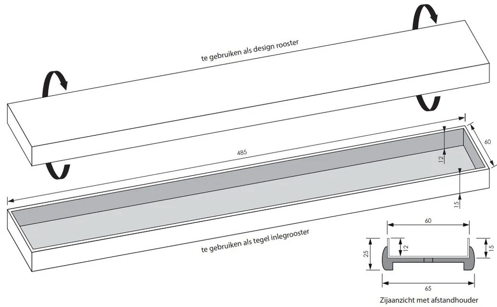 Brauer douchegoot 50x7cm met multifunctioneel rooster en flens RVS geborsteld