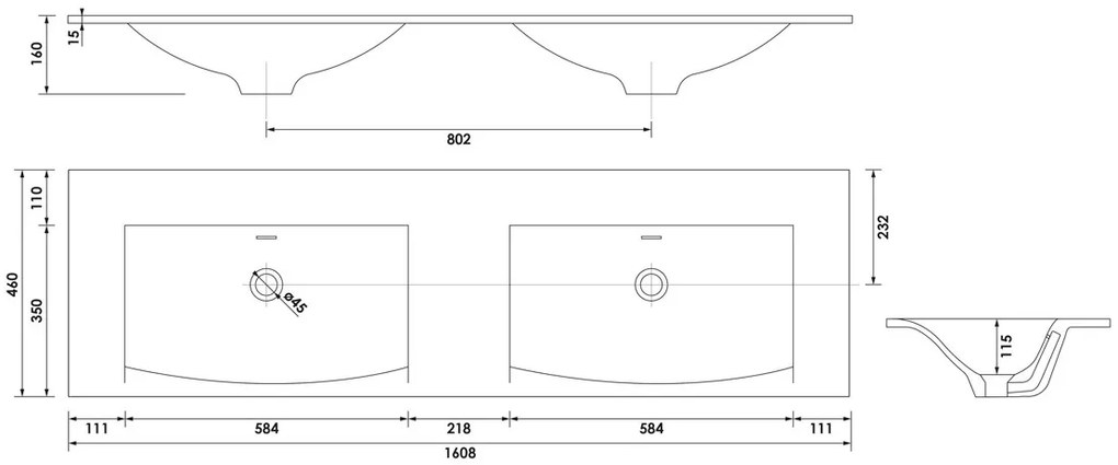 Brauer Glacier dubbele wastafel fine stone 160cm zonder kraangaten wit mat