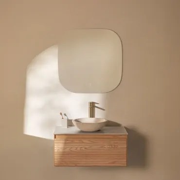 Tedrik Zwevend Badkamermeubelset 80x50 Cm In Essenhout Ash Brown & Rond Cement Wit Ø40 Cm Zavion & Vierkant Led En Anticondens 75x75 Cm Riben - Sklum