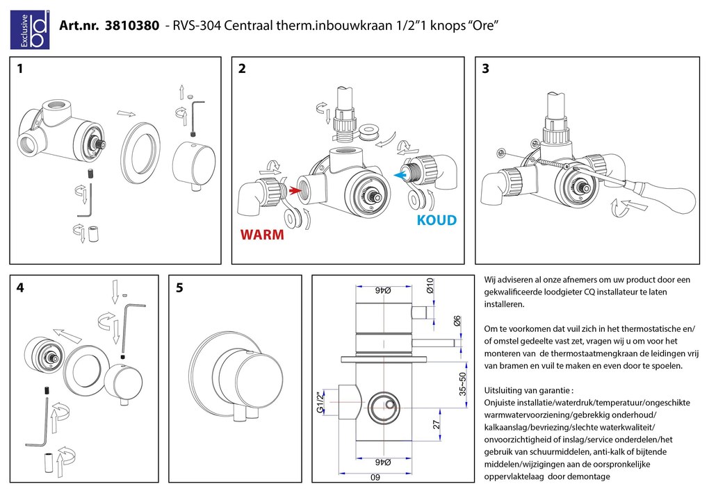 Best Design Ore 1/2" thermostatische inbouwkraan RVS