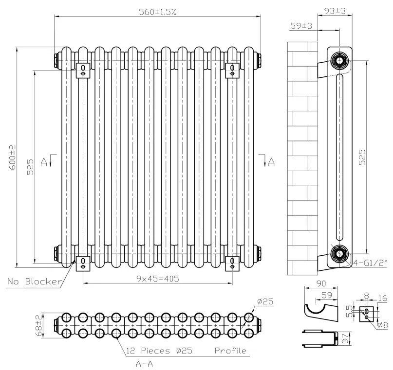 Eastbrook Imperia 2 koloms radiator 55x60cm 767W antraciet