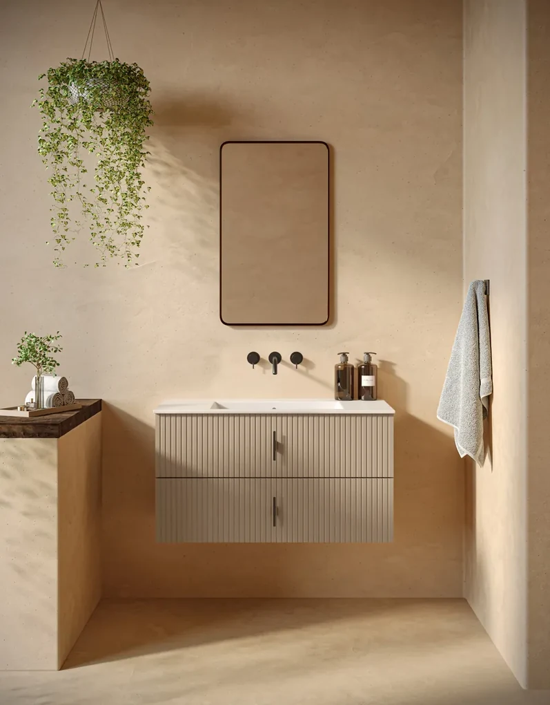 Muebles Marbella badmeubel ribbelfront 100cm macchiato met witte wastafel zonder kraangat