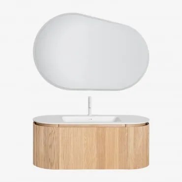 Carsone Zwevend Houten Badkamermeubelset Met Geïntegreerde Wastafel Natuurlijk Hout & Zonder Extra Eenheid & Ovaal Led En Anticondens 120x80 Cm -