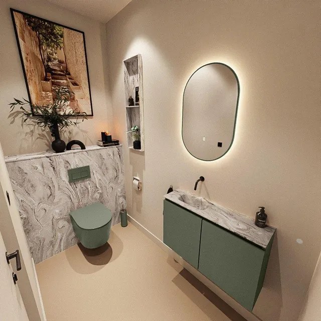 MONDIAZ TURE-DLUX 80cm toiletmeubel Army. EDEN wastafel Glace positie links. Zonder kraangat. TUREDX80ARML0GLA