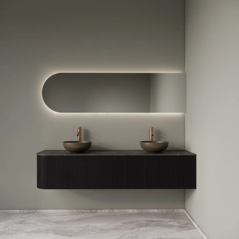 Gliss Design Alluro badmeubel ribbelfront met ronding links 180cm black en zwart leisteen toppaneel