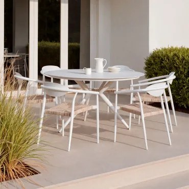 Valerie Ronde Aluminium Tafelset (ø125 Cm) En 6 Tuinstoelen Met Armleuningen In Aluminium En Synthetisch Rotan Marsha Gardenia Wit - Sklum