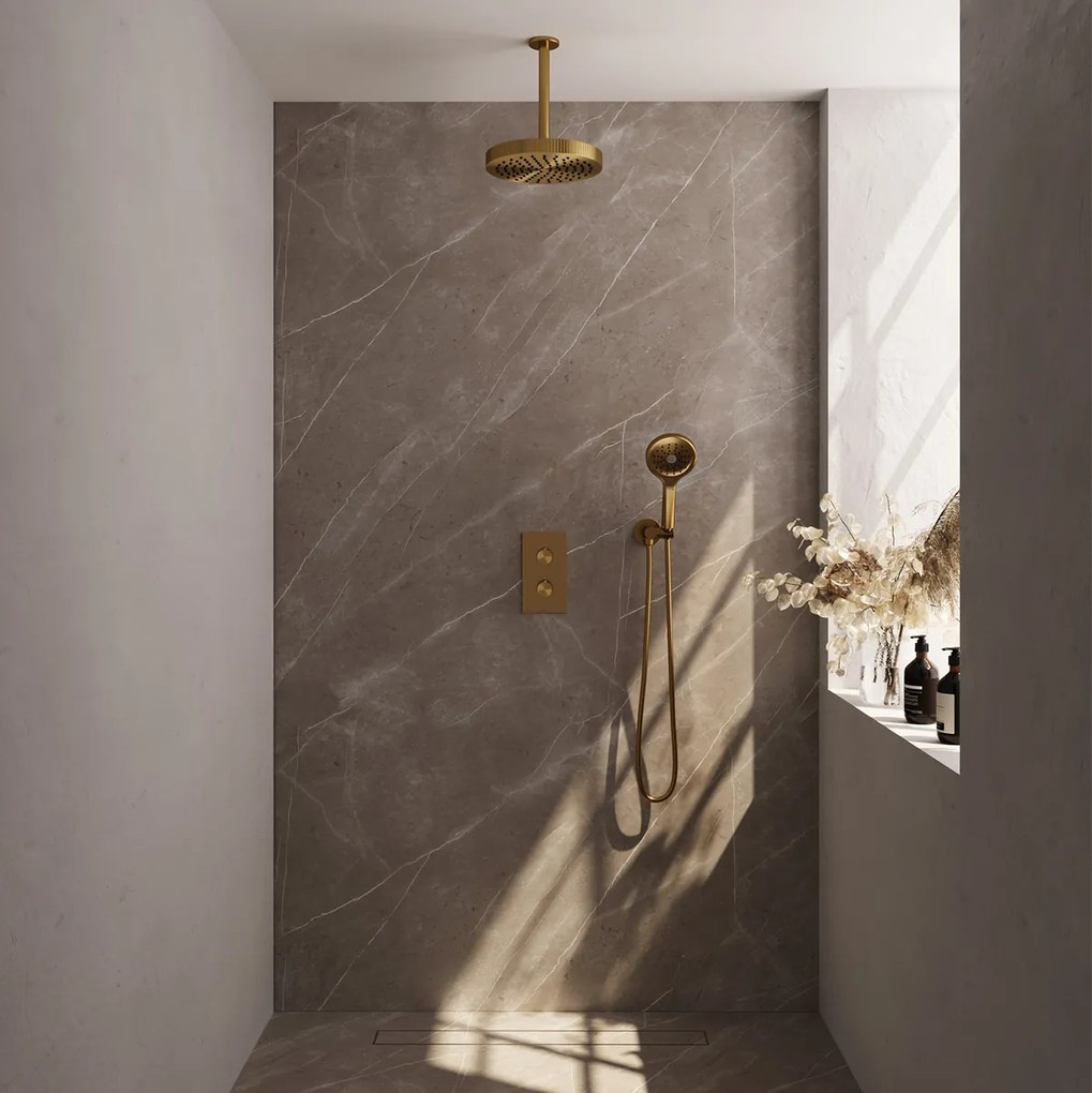 Brauer Stripe inbouw regendouche met 25cm hoofddouche, plafondarm en 3 standen handdouche set 18 messing geborsteld PVD