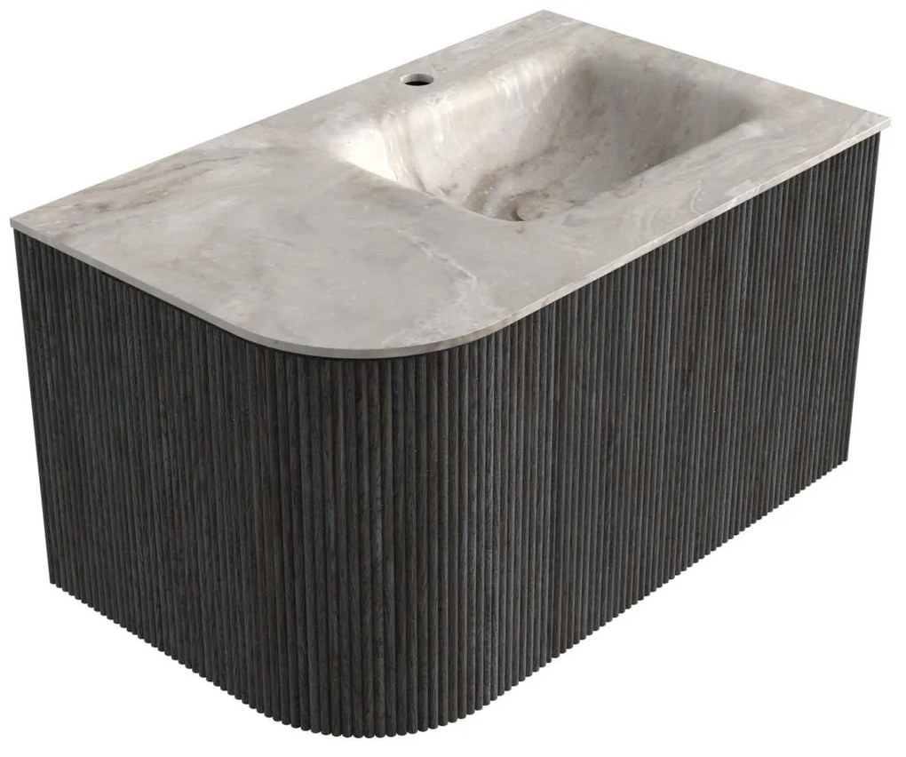 Mondiaz Kurve-dlux 75cm badmeubel ronding links shadow met 1 lade en deur en wastafel grunne kraangat rechts frappe