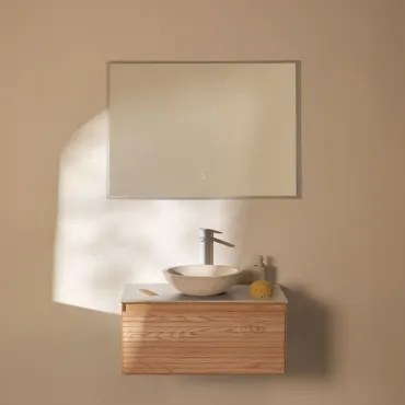 Tedrik Badkamermeubelset In Essenhout Ash Brown & Rond Cement Wit Ø40 Cm Zavion & Rechthoekige Led En Anticondens 100x70 Cm Tamsin & Wit - Sklum