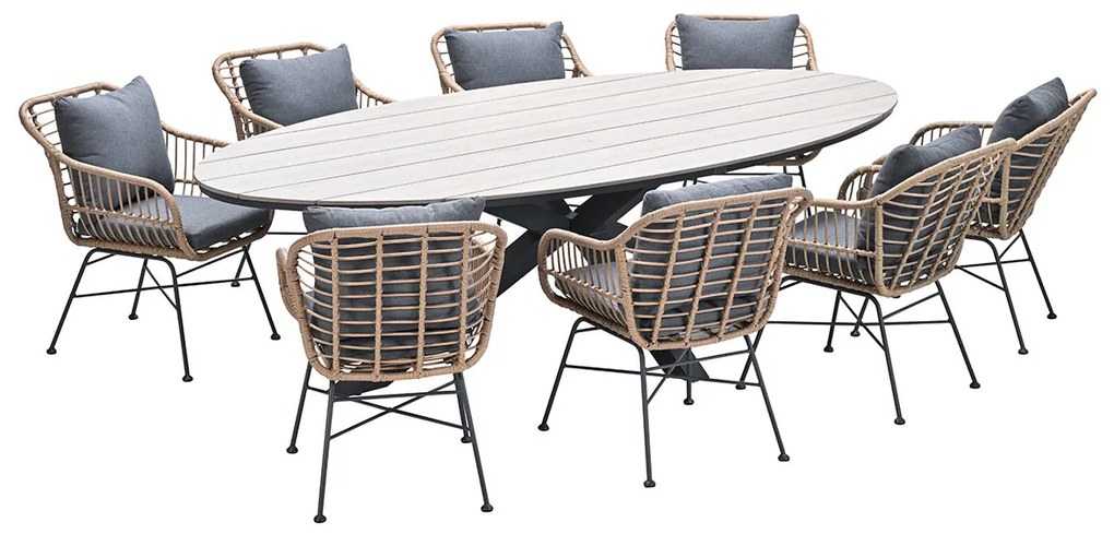 Garden Impressions Lucas tuinset 9-delig bruin - Tulli tuintafel ovaal 280x140 cm light teak look