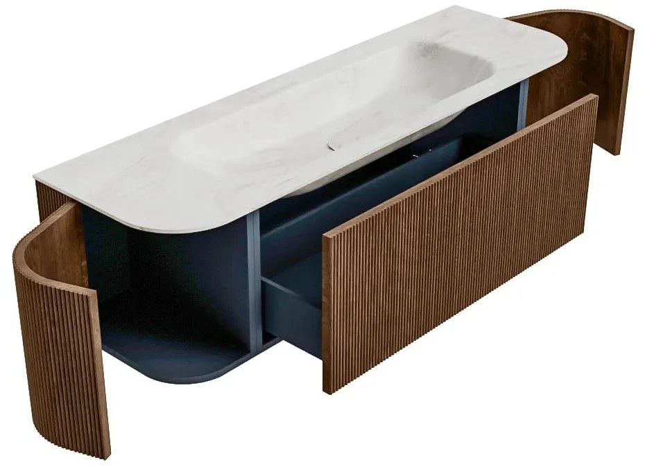 Mondiaz Kurve-dlux 150cm badmeubel ronding links/rechts walnut met 1 lade en 2 deuren en wastafel big medium midden zonder kraangat ostra