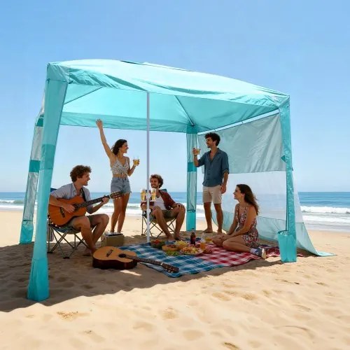 VEVOR strandcabana, 2,4 x 2,4 m strandtent met zijwanden, UPF 50+ zonbescherming, strandpaviljoen met zandzakken, in hoogte verstelbaar en draagbaar zonnescherm voor familie en vrienden, groen
