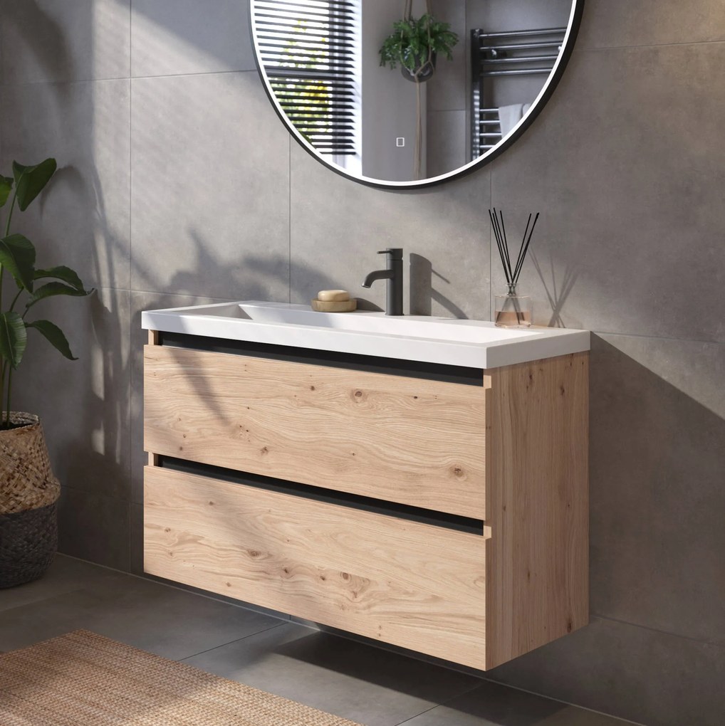 Saqu Gaia ondiep badmeubel incl. glans witte wastafel 100x40x64cm naturel eiken – zwarte greeplijst