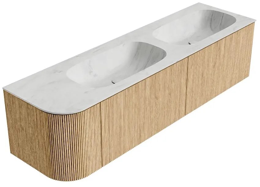 Mondiaz Kurve-dlux 165cm badmeubel ronding links oak met 2 lades en 1 deur en wastafel stor small dubbel/rechts zonder kraangat opalo