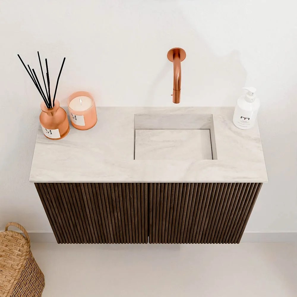 Mondiaz Joya DLux 60cm toiletmeubel walnut met wastafel faye rechts zonder kraangat ostra