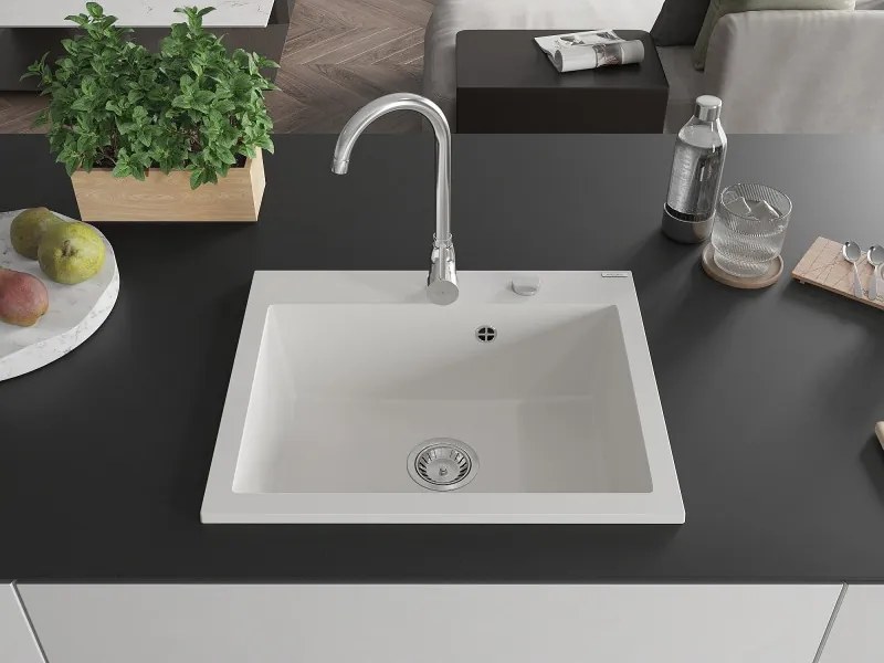 Mexen Elix granieten gootsteen 1-baks, 600 x 500 mm, wit, sifon chroom - 6525601005-20