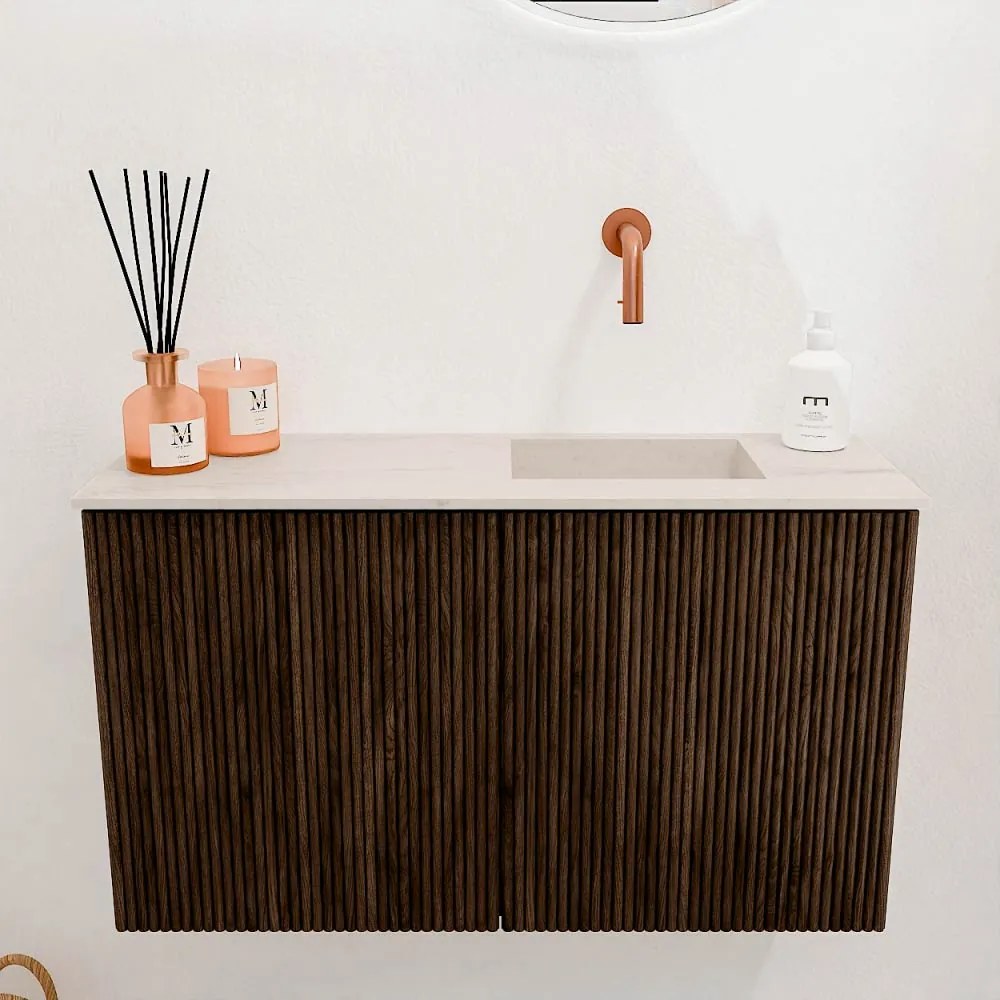 Mondiaz Joya DLux 70cm toiletmeubel walnut met wastafel faye rechts zonder kraangat meli