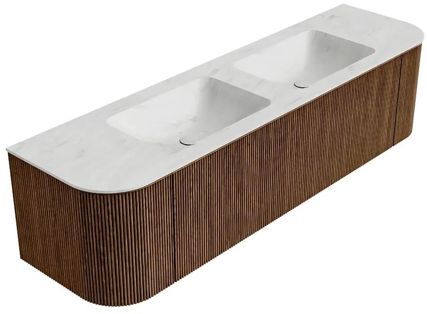 Mondiaz Kurve-dlux 170cm badmeubel ronding links/rechts walnut met 1 lade en 2 deuren en wastafel leaf dubbel zonder kraangat opalo