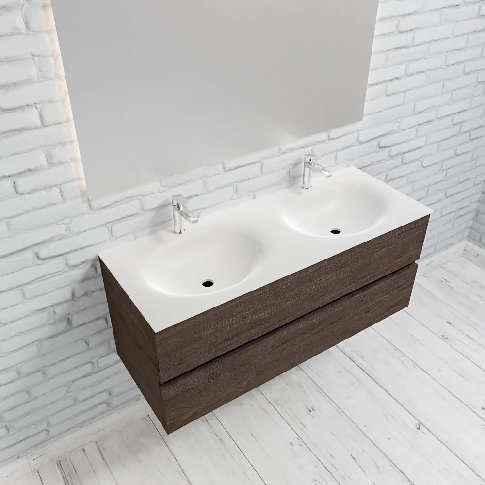 Zaro Sevilla Solid Surface badmeubel 120cm donker eiken 2 kraangaten dubbele spoelbak met 2 lades