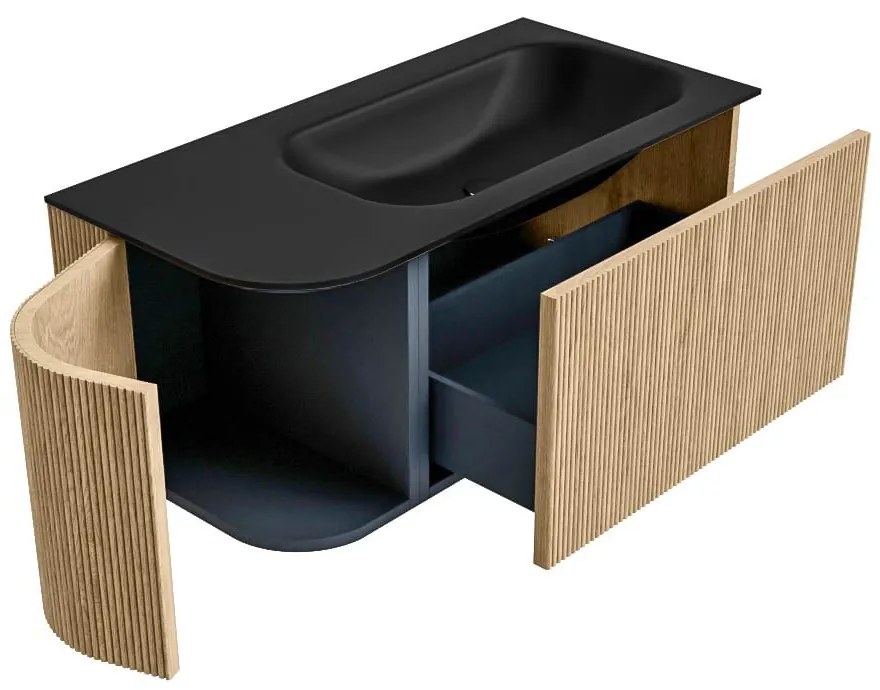 Mondiaz Kurve 95cm badmeubel ronding links oak met 1 lade en deur en wastafel big small kraangat rechts urban