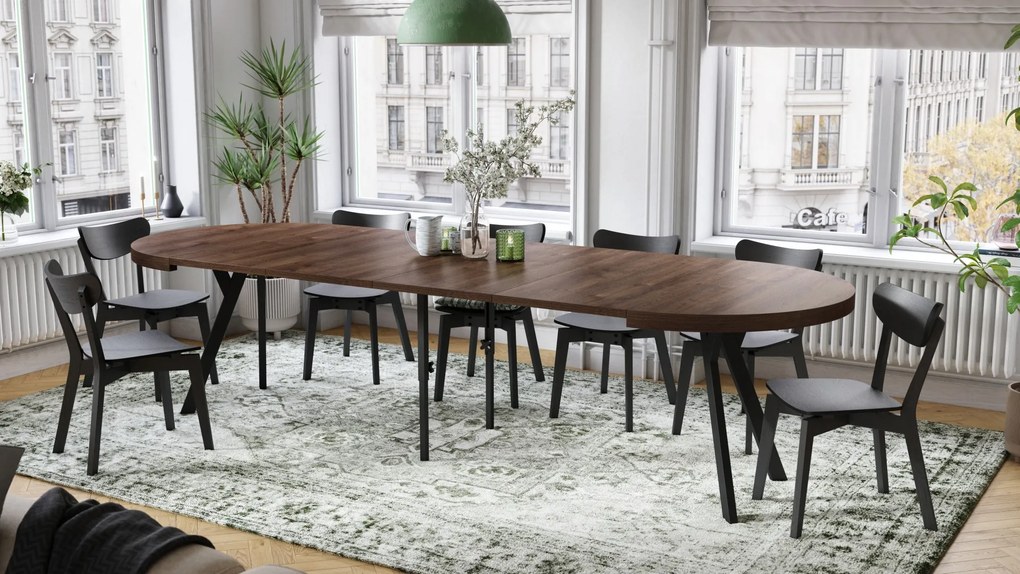 EXPANSO Bruine eik/zwarte poten - GROTE RONDE TAFEL Ø110 UITBREIDBAAR TOT 310 cm met Y-POTEN LOFT/INDUSTRIAL