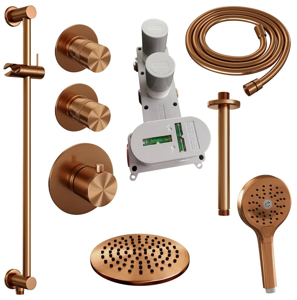 Brauer Copper Edition complete inbouw regendouche met 3 standen handdouche, plafondarm, glijstang en hoofddouche 20cm set 23 koper geborsteld PVD