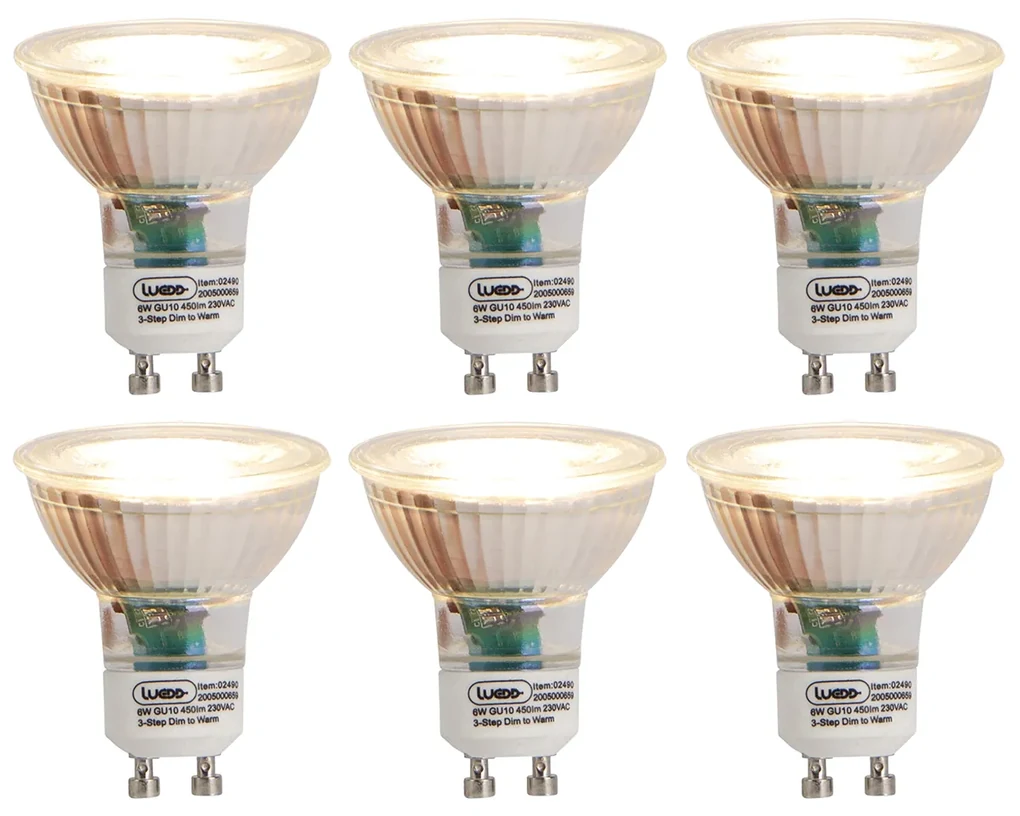 Set van 6 GU10 3-staps dim to warm LED lampen 6W 450 lm 2000K - 2700K