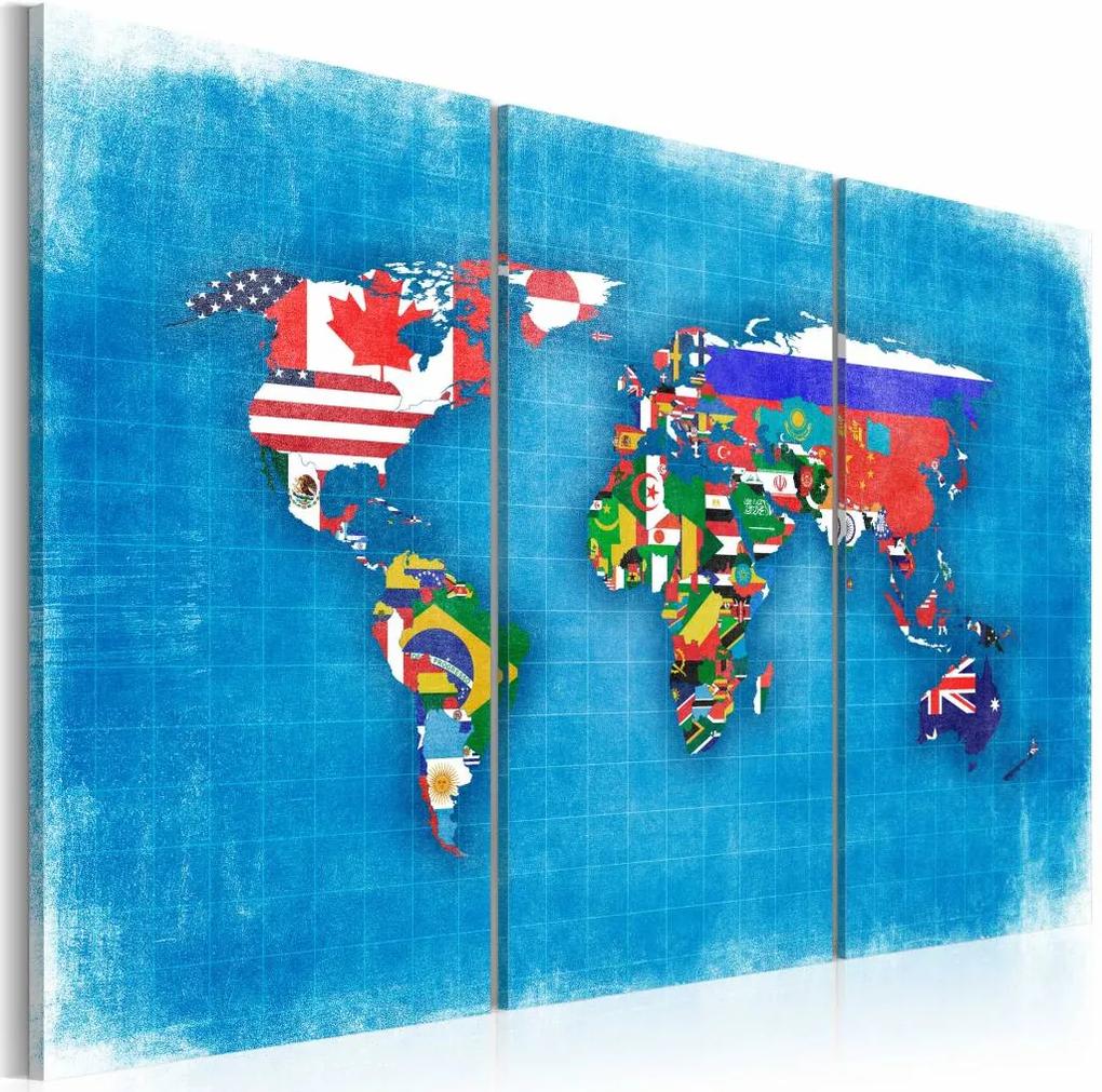 Schilderij - Wereldkaart - Vlaggen van de Wereld, Blauw, 3luik