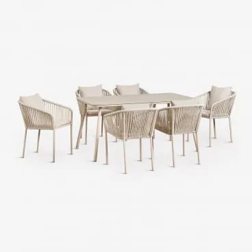 Rechthoekige Eettafelset 160x90 Cm Met 6 Eetkamerstoelen Van Gevlochten Touw Arhiza Classic Tapioca Beige - Sklum