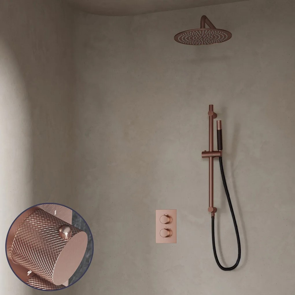 Saniclear Copper Curved Pro inbouw regendouche met 20cm hoofddouche, muurarm en glijstang geborsteld koper