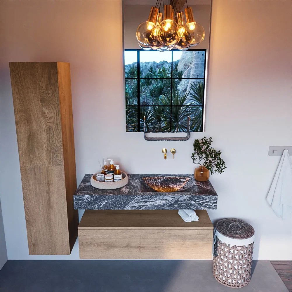 Mondiaz Alan DLux badmeubel 110cm washed oak 1 lade met wastafel lava rechts zonder kraangat