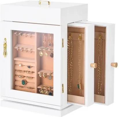 VEVOR Sieradendoos 360° Draaibare Sieradendoos met Magnetische Deur & Acryl Venster & 4 Geïntegreerde Kettinghaken, Opbergdoos met Metalen Handvatten, Bodemkussen & Zachte Fluwelen Voering