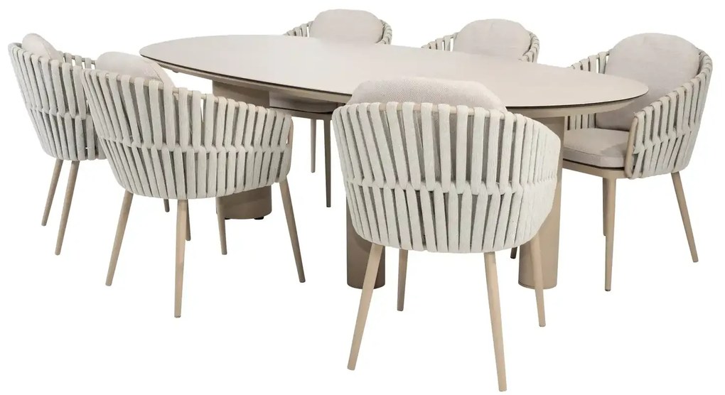 Taste by 4 Seasons Eva tuinset latte met Denia tafel latte met geprint keramisch blad 240 cm SALE Tuinset beige weerbestendig