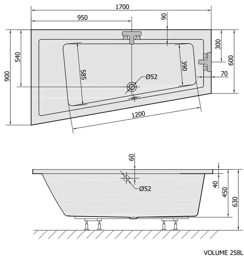 Polysan Andra asymmetrisch bad links 170x90x45cm wit