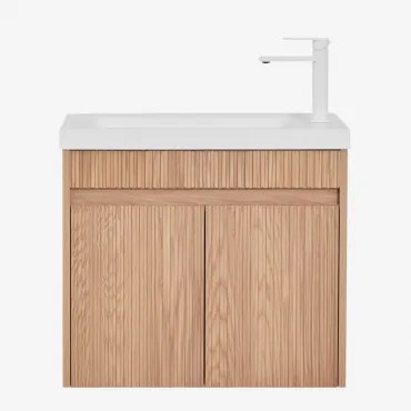 Narek Zwevend Houten Badkamermeubelset Met Geïntegreerde Wastafel Ash Brown & Spiegelloze & Wit ↑20 Cm Met Aftapkraan Zonder - Sklum