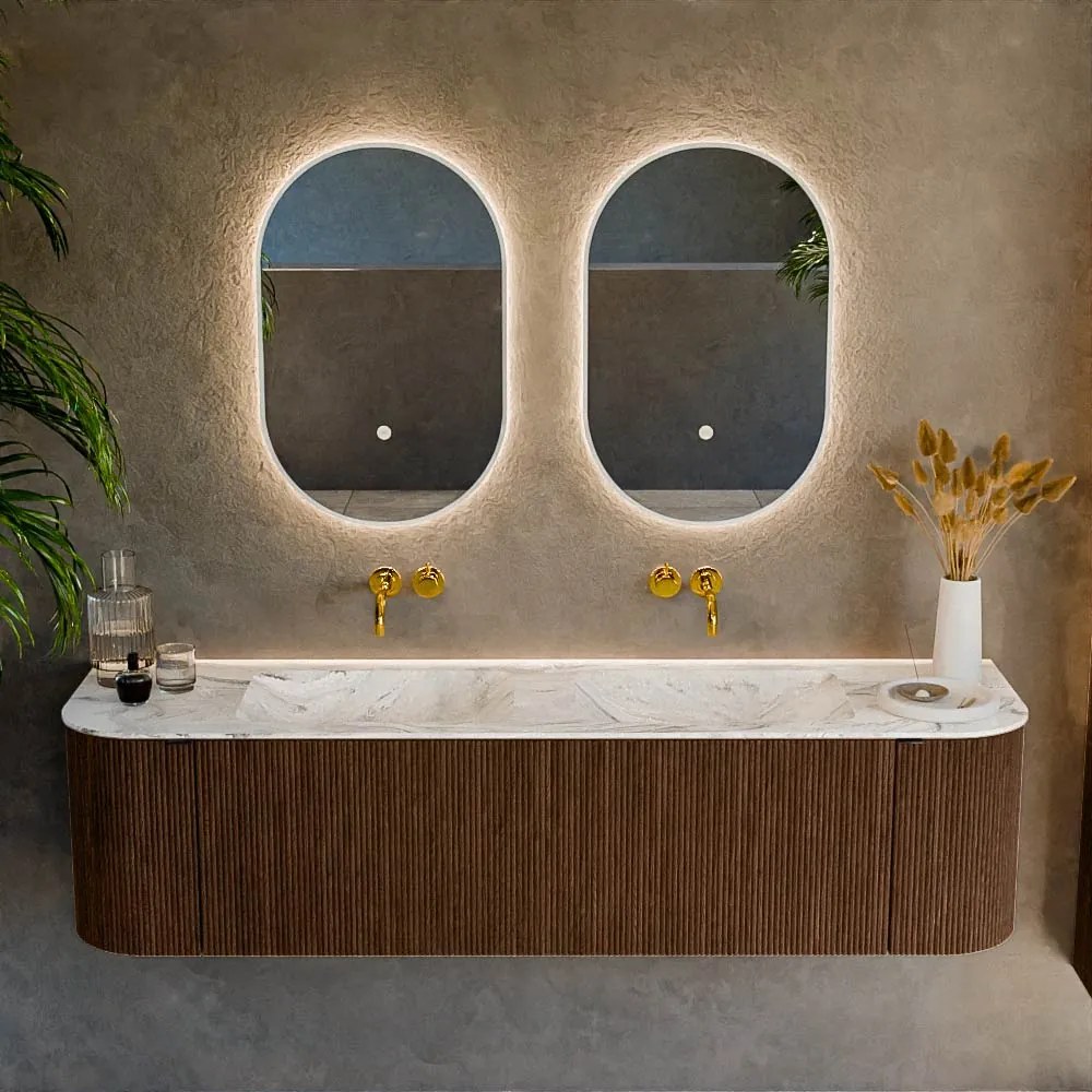 Mondiaz Kurve-dlux 170cm badmeubel ronding links/rechts walnut met 1 lade en 2 deuren en wastafel leaf dubbel zonder kraangat glace