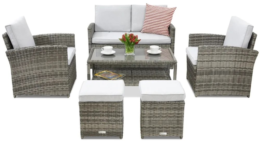 Garden Point tuinmeubelen Monaco Coffee 4 + 2 poefs grijs