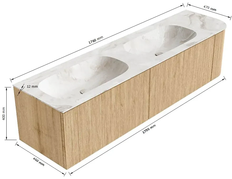 Mondiaz Kurve-dlux 175cm badmeubel ronding rechts oak met 2 lades en 1 deur en wastafel stor small dubbel/links zonder kraangat lava