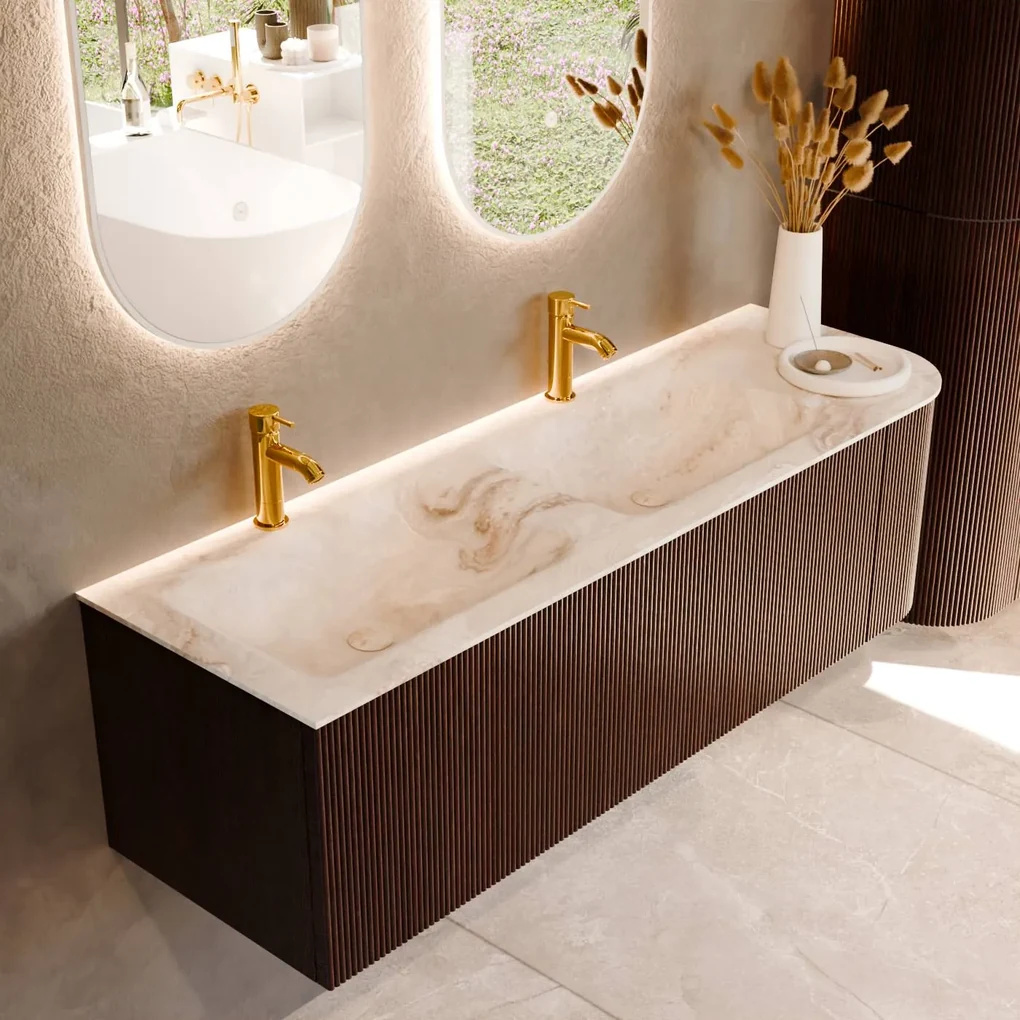 Mondiaz Kurve-dlux 145cm badmeubel ronding rechts ruby met 1 lade en deur en wastafel leaf dubbel/links 2 kraangaten frappe