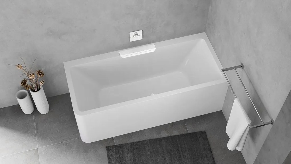 Polysan Monolith Cascata rechts half vrijstaand bad met witte waterval uitloop 180x80cm