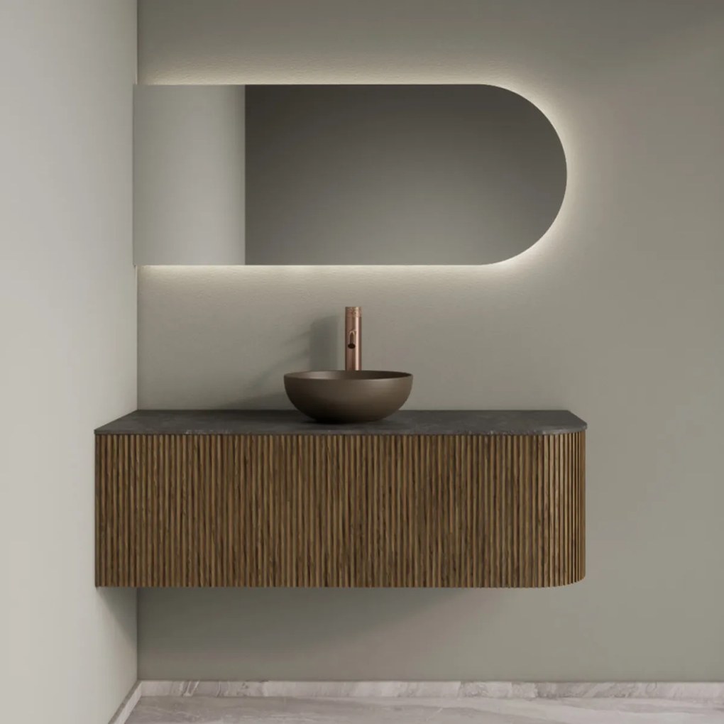 Gliss Design Alluro badmeubel ribbelfront met ronding rechts 120cm castle brown en zwart leisteen toppaneel