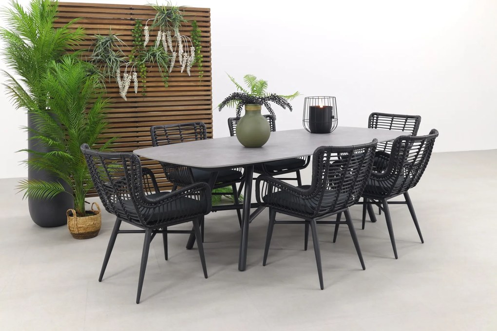Jasmine Black/Benevento 6-persoons deens ovale dining tuinset 240x110 cm. - Betonlook