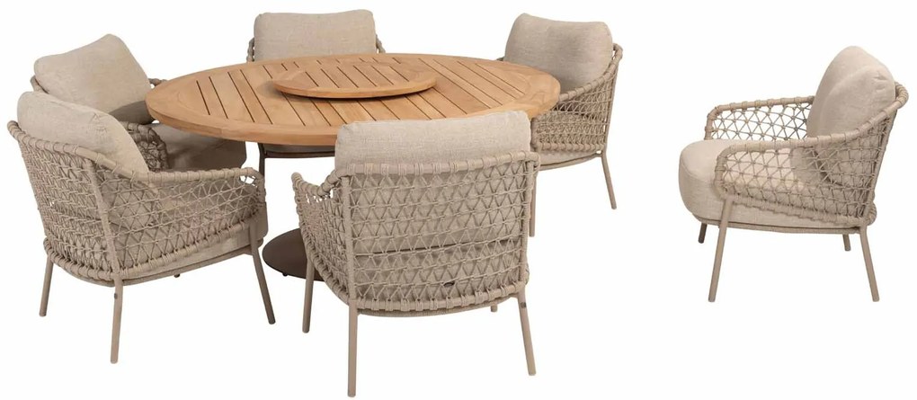 4 Seasons Outdoor Sardinia low dining set latte met Saba tafel latte met teak blad Ø 160 cm  Tuinset    beige weerbestendig